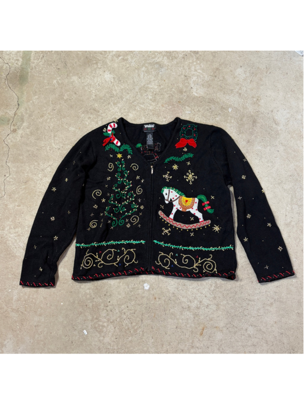Vintage Christmas Cardigan Sweater Women’s Large Black Rocking Horse Embellished